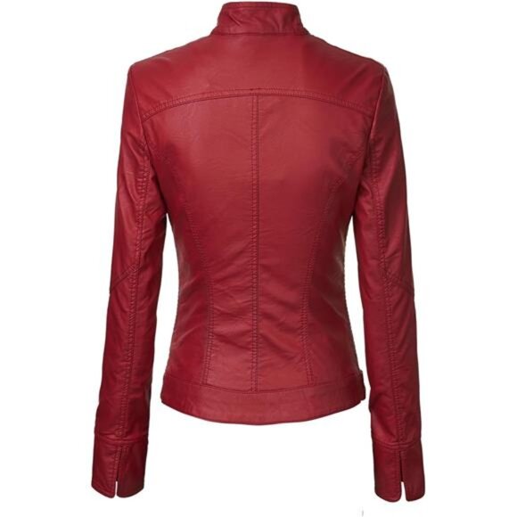 Womens Faux Leather Zip Up Jacket Red - Picture 4 of 6